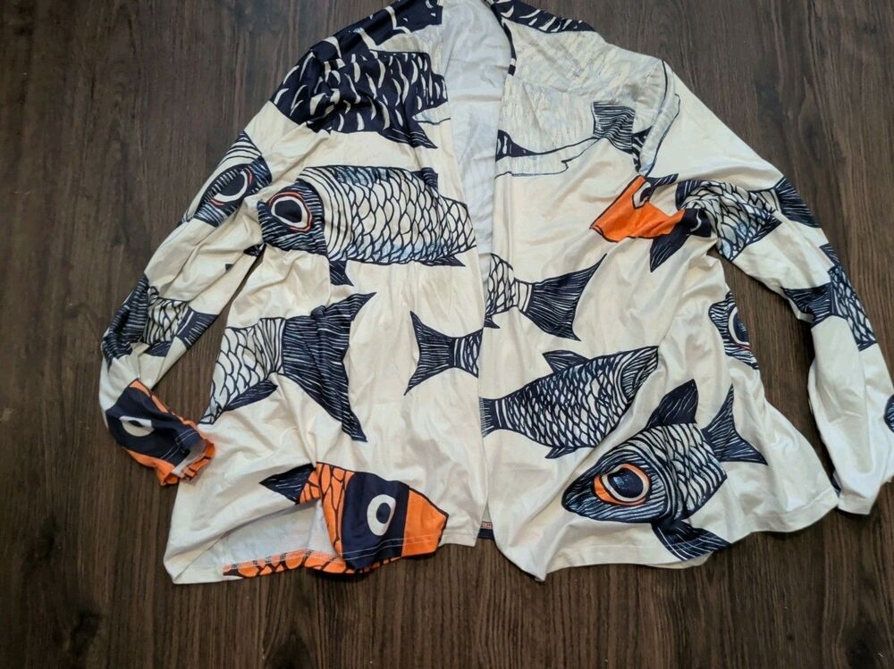 Chaos Monkey Kimono Cardigan Women's 3cl Fish Print Open Front Boho